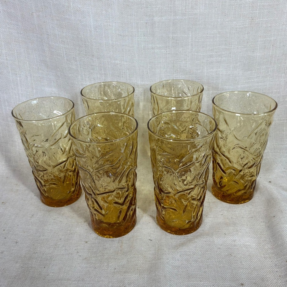 VTG set 6 Libby Amber Glass Tumblers Gold Aztec MCM Textured Bark Crinkle